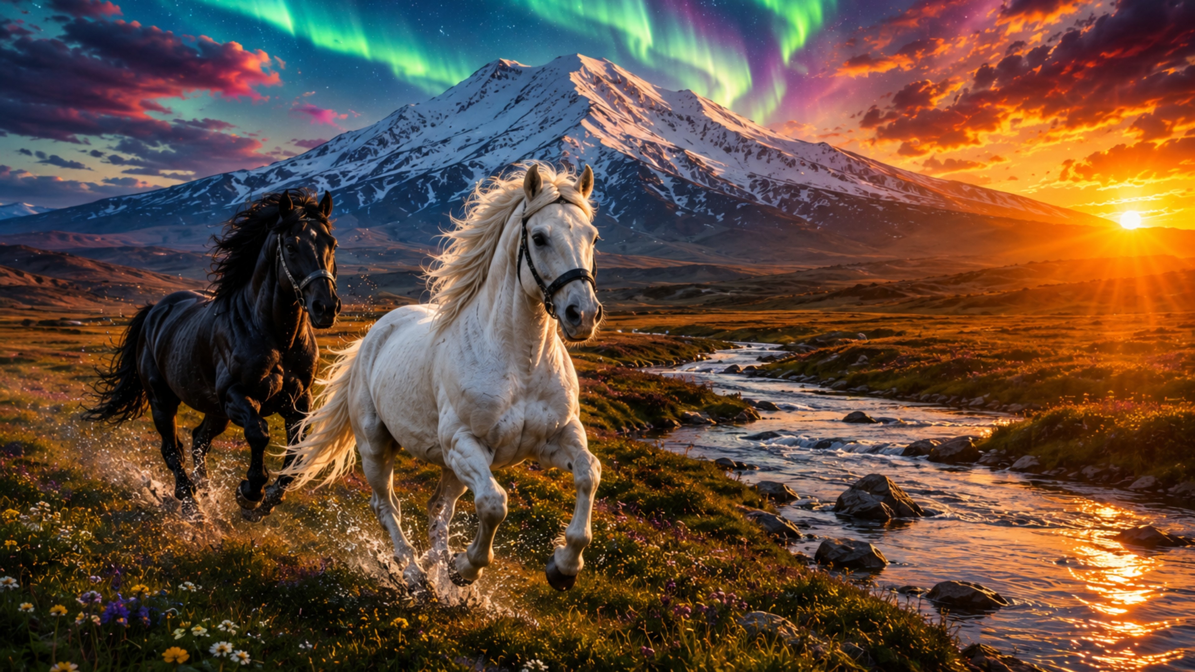 Wild Horses Beneath Aurora and Mountain Sunrise - backiee