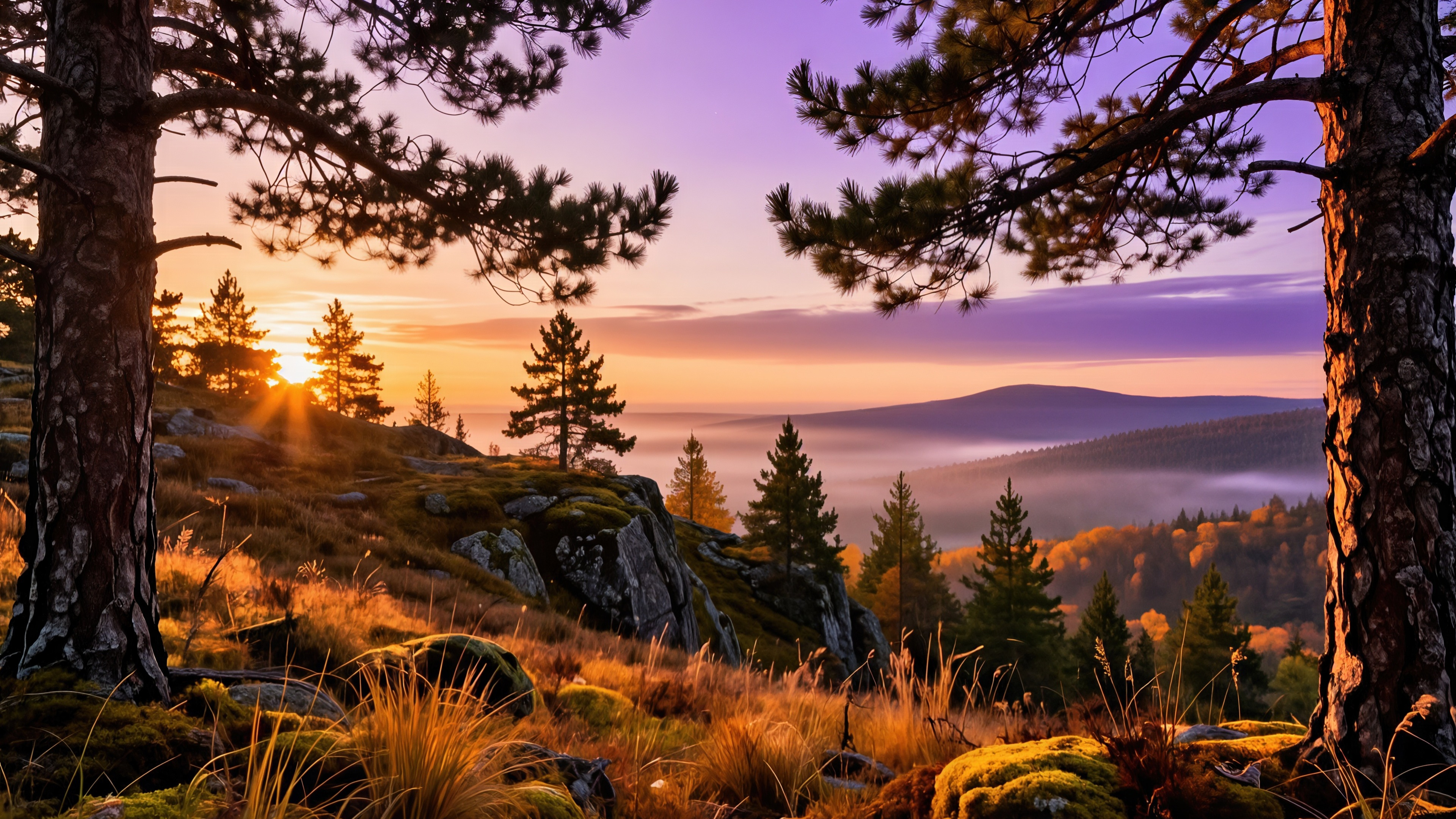 Sunset Glow Over a Misty Mountain Forest - backiee