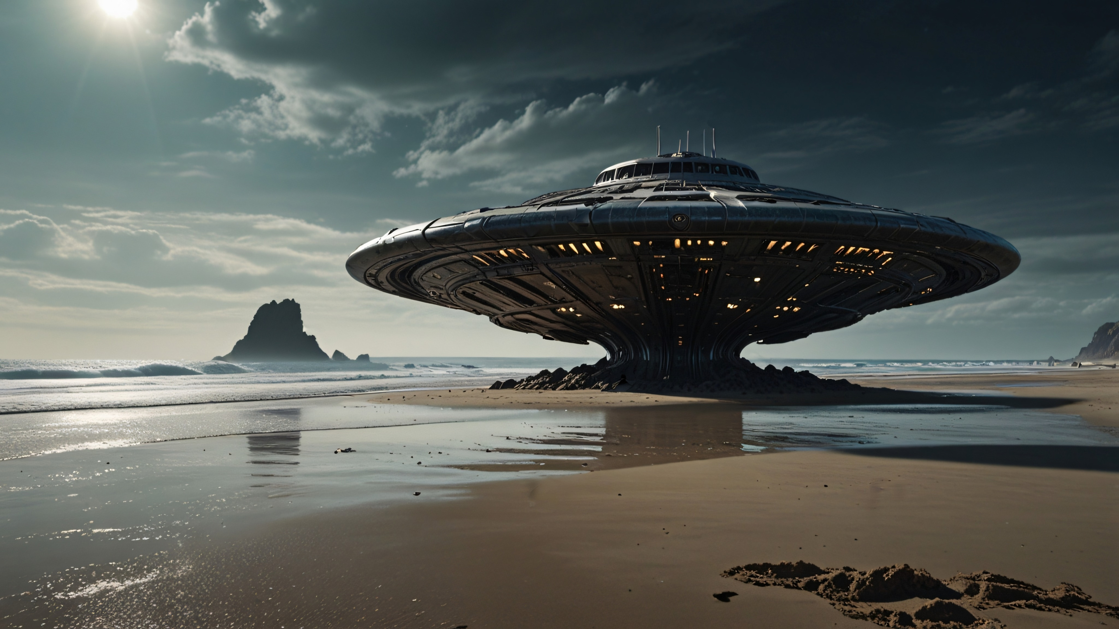 Alien Flying Saucer on a Vast Shoreline - backiee