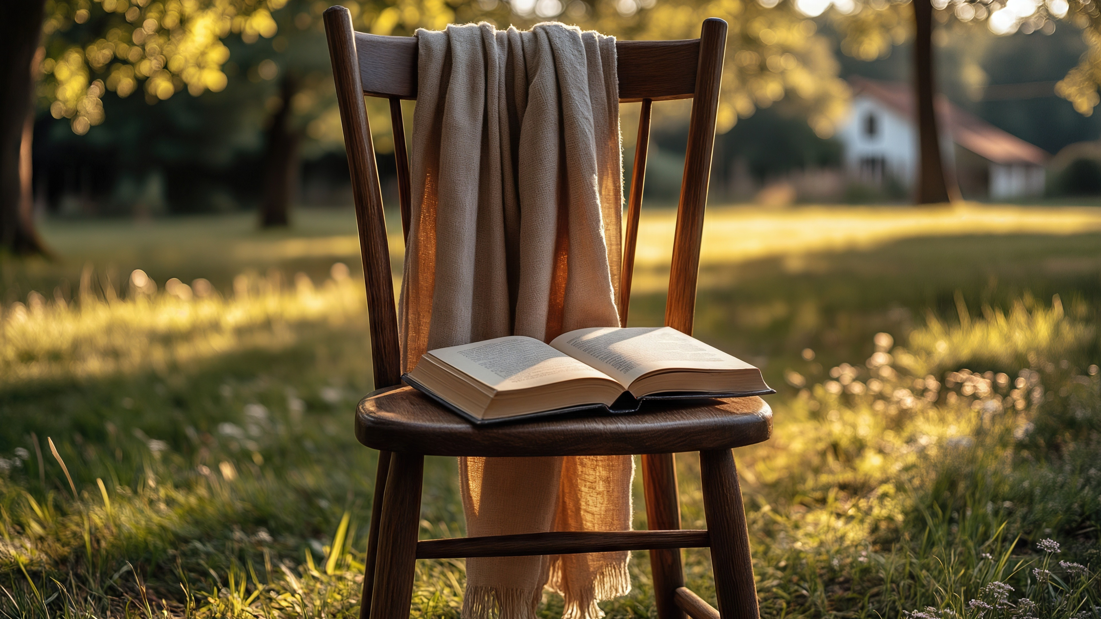 Open Book on a Rustic Chair in Golden Hour Light - backiee