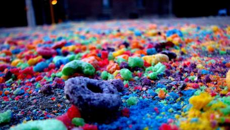 Colorful Cereal Chaos on the Ground wallpaper