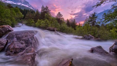 Enchanting Forest Waterfall at Dusk wallpaper