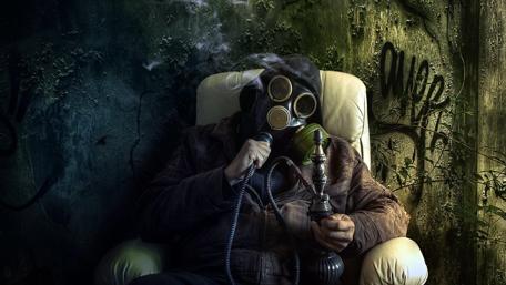 Whimsical Smoky Retreat with a Gas Mask wallpaper