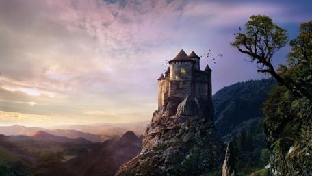Majestic Castle at Sunset Overlooking Mountains wallpaper