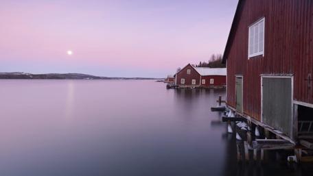 Serene Waterside Village at Dusk wallpaper