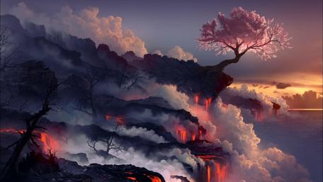Fiery Eruption Beneath Tranquil Blossom Tree wallpaper