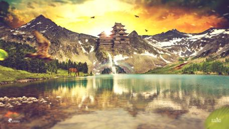 Majestic Sunrise Over Serene Lake and Mountains wallpaper