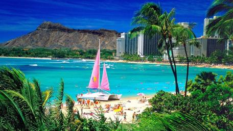 Tropical Paradise with Vibrant Sailboats and Calm Waters wallpaper