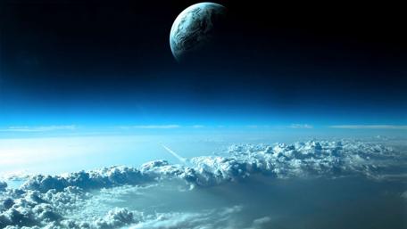 Earth and Moon Over Cloud-Laden Atmosphere wallpaper