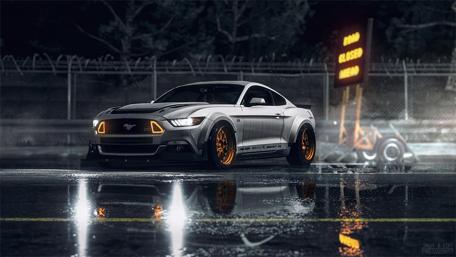 Powerful Mustang in a Rainy Night wallpaper