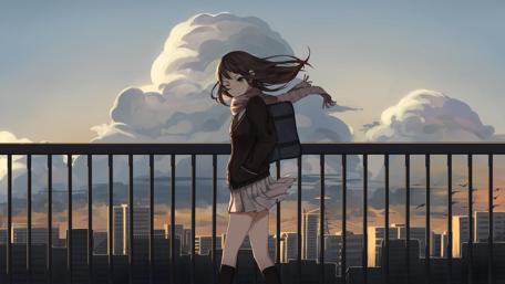 Schoolgirl Overlooking Sunset Cityscape wallpaper
