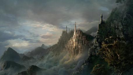 Misty Fortress Amongst Rugged Peaks wallpaper