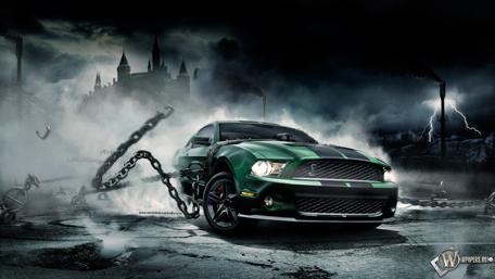 Dynamic Green Muscle Car in a Dark Fantasy Setting wallpaper