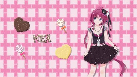 Cute Anime Character on Pink Checkered Background with Sweets wallpaper