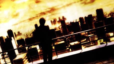 Shadowed Figure Overlooking Dystopian Skies wallpaper