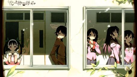 Monogatari Characters at School Windows wallpaper