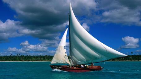 Sailing Through Tranquil Waters Under a Blue Sky wallpaper