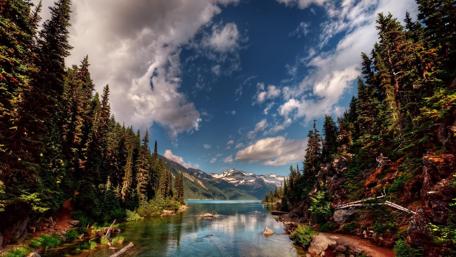 Serene Mountain Lake View Amidst Lush Greenery wallpaper