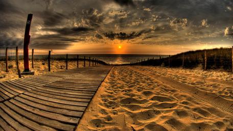 The path to the ocean through the golden sand wallpaper