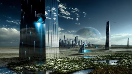 Futuristic Fantasy Cityscape at Dawn wallpaper
