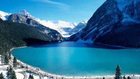 Serene Winter Landscape with Crystal Clear Lake wallpaper