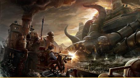 Epic Battle Against the Mechanical Kraken wallpaper