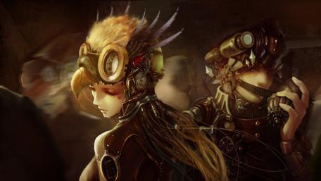Futuristic Fantasy Characters in Steampunk Setting wallpaper