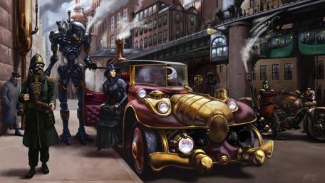 Futuristic Steampunk City Scene with Robot and Car wallpaper