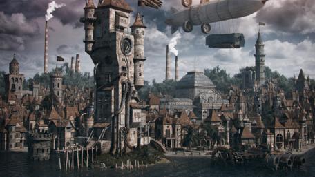 Majestic Steampunk Metropolis in the Sky wallpaper