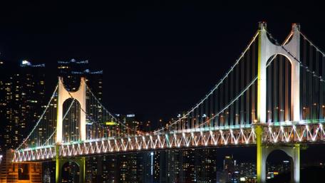 Illuminated Bridge Over a Vibrant Cityscape at Night wallpaper