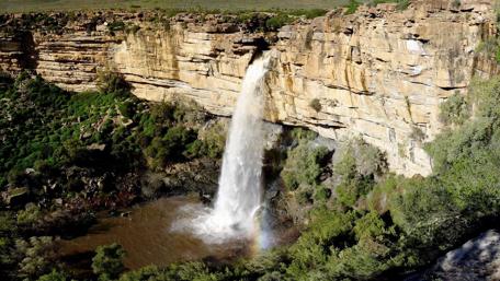 Majestic Waterfall Surrounded by Nature's Beauty wallpaper