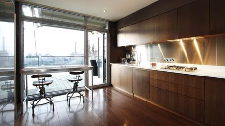 Modern Kitchen with Scenic View of City Life wallpaper