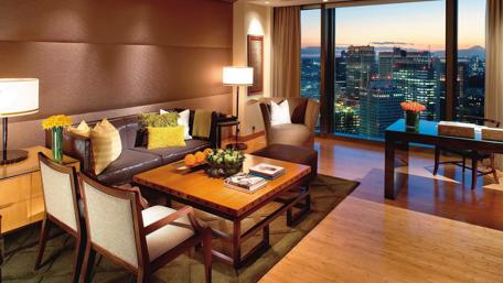 Modern Living Room with City View at Dusk wallpaper