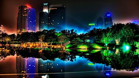 Nighttime Reflections in a Cityscape wallpaper