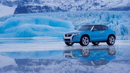 Blue Car on Icy Reflection near Glacier wallpaper