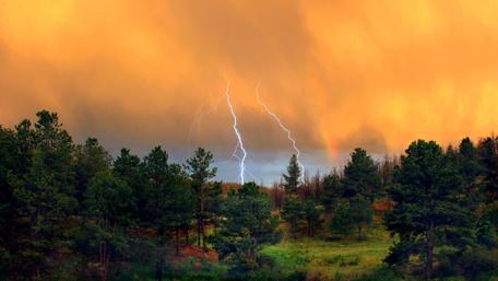 Dramatic Stormy Landscape with Lightning Strike wallpaper
