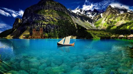 Crystal Clear Lake with Majestic Mountains wallpaper