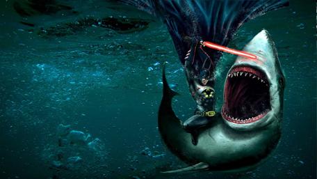Shark-Fighting Superhero with Lightsaber wallpaper