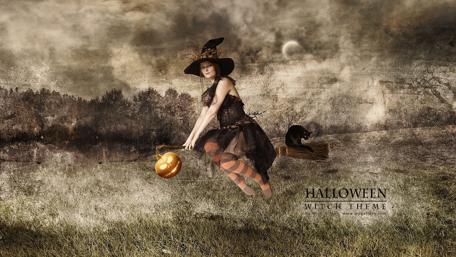 Enchanting Halloween Witch in a Spooky Landscape wallpaper