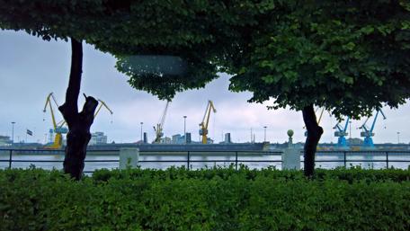 Calm Harbor View Amidst Industrial Elegance wallpaper