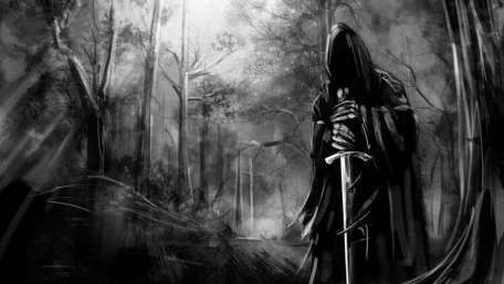 Dark Hooded Figure in Mystical Forest wallpaper
