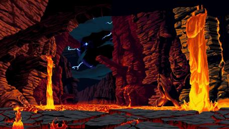 Epic Lava Landscape with Statues in a Dark Cave Scene wallpaper