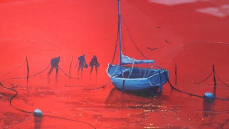 Vibrant Abstract Scene of Fishermen at Sea wallpaper