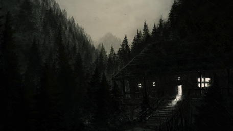 Mysterious Cabin in the Twilight Forest wallpaper