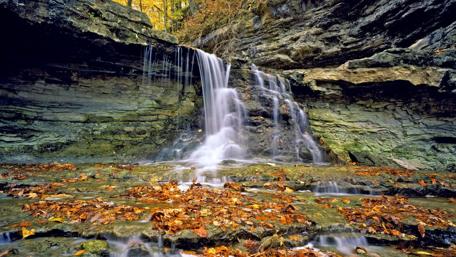 Serene Waterfall Surrounded by Autumn Leaves wallpaper