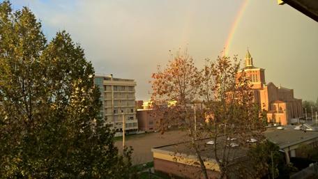Vibrant Rainbow Over a Sunny Cityscape wallpaper