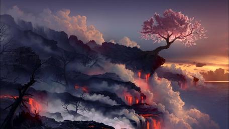 Ethereal Landscape of Fire and Blooming Beauty wallpaper