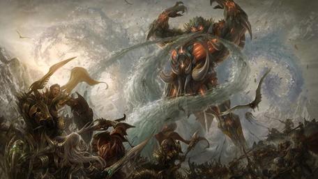 Epic Fantasy Showdown Between Giants and Warriors wallpaper