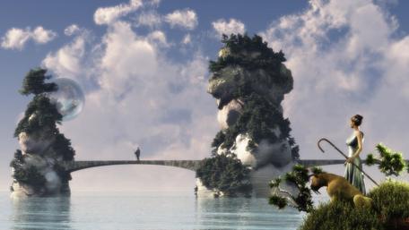 Serene Fantasy Landscape with Enigmatic Figures and Nature Elements wallpaper