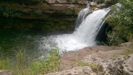 Serene Waterfall Amidst Lush Greenery wallpaper